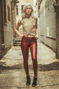 Burgundy Vegan Leather Leggings,Bottoms