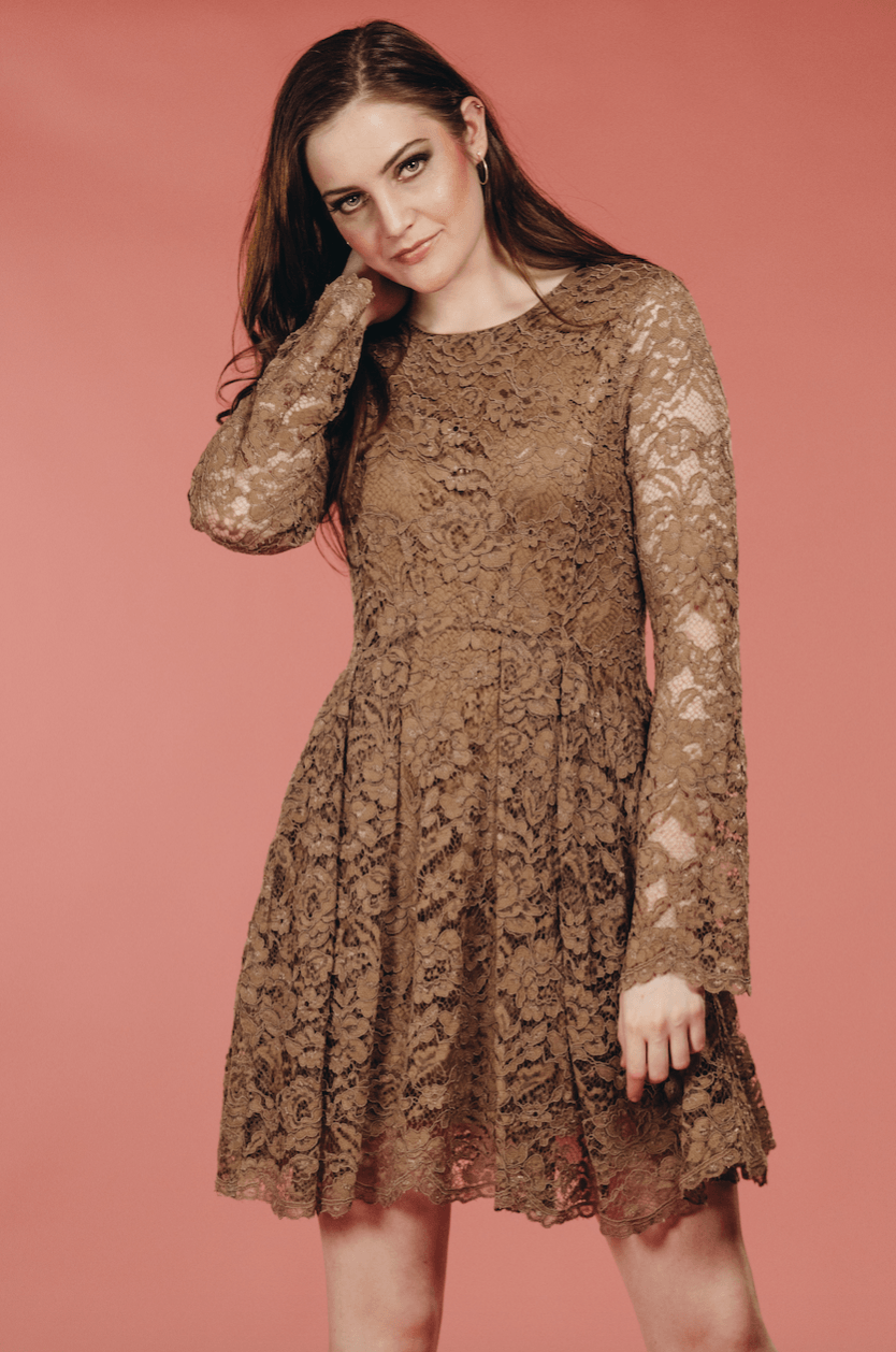 mocha lace dress Mocha Lace Overlay Sweetheart Neckline Midi Dress