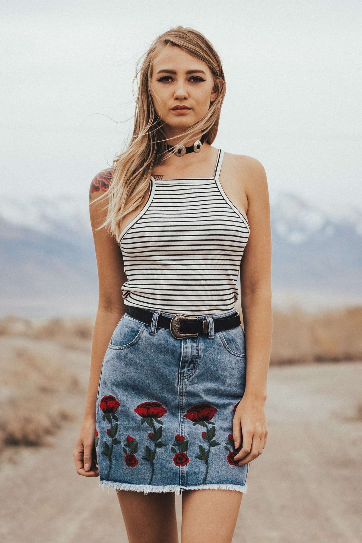 Rose Embroidered Denim Mini,Women - Apparel - Skirts - Mini