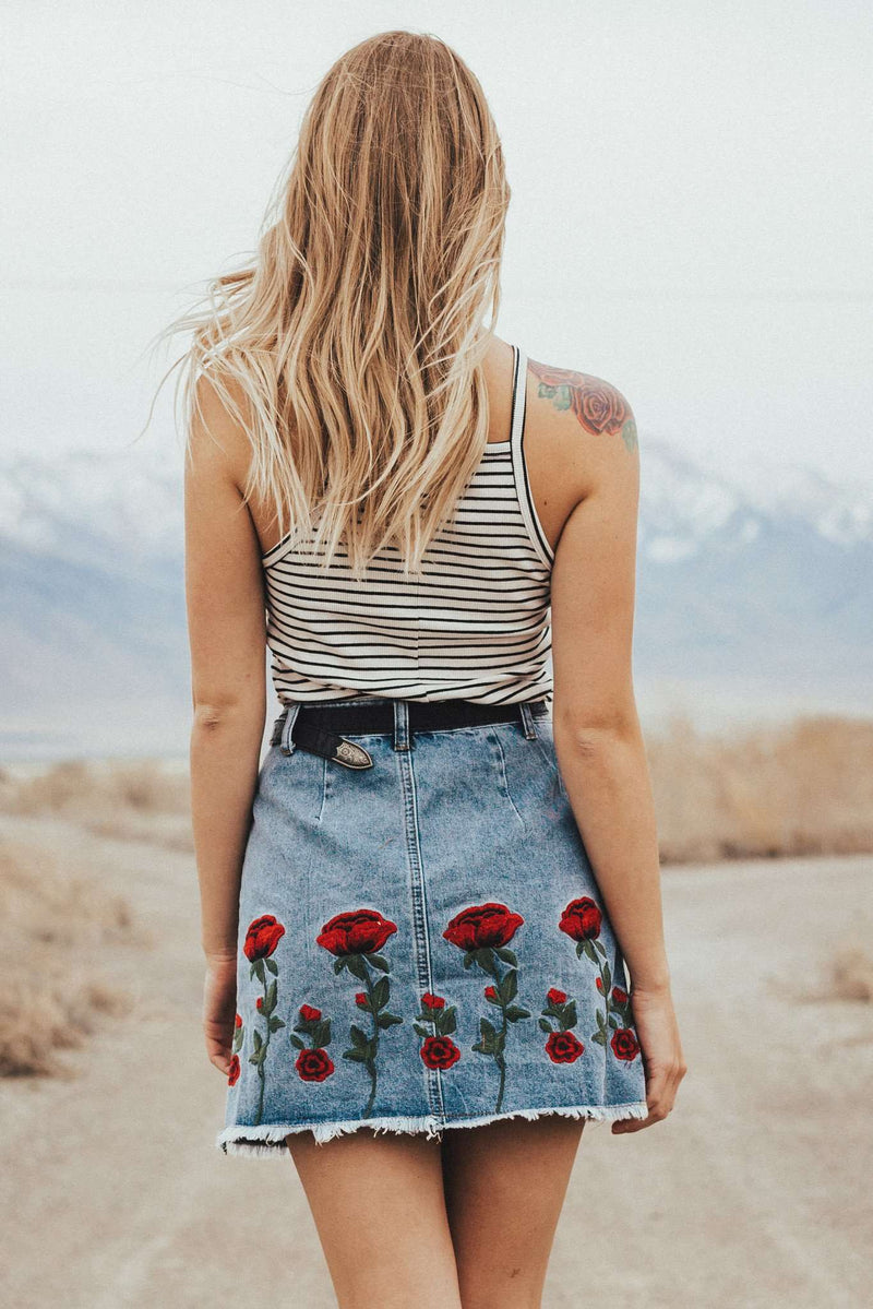 Rose Embroidered Denim Mini,Women - Apparel - Skirts - Mini