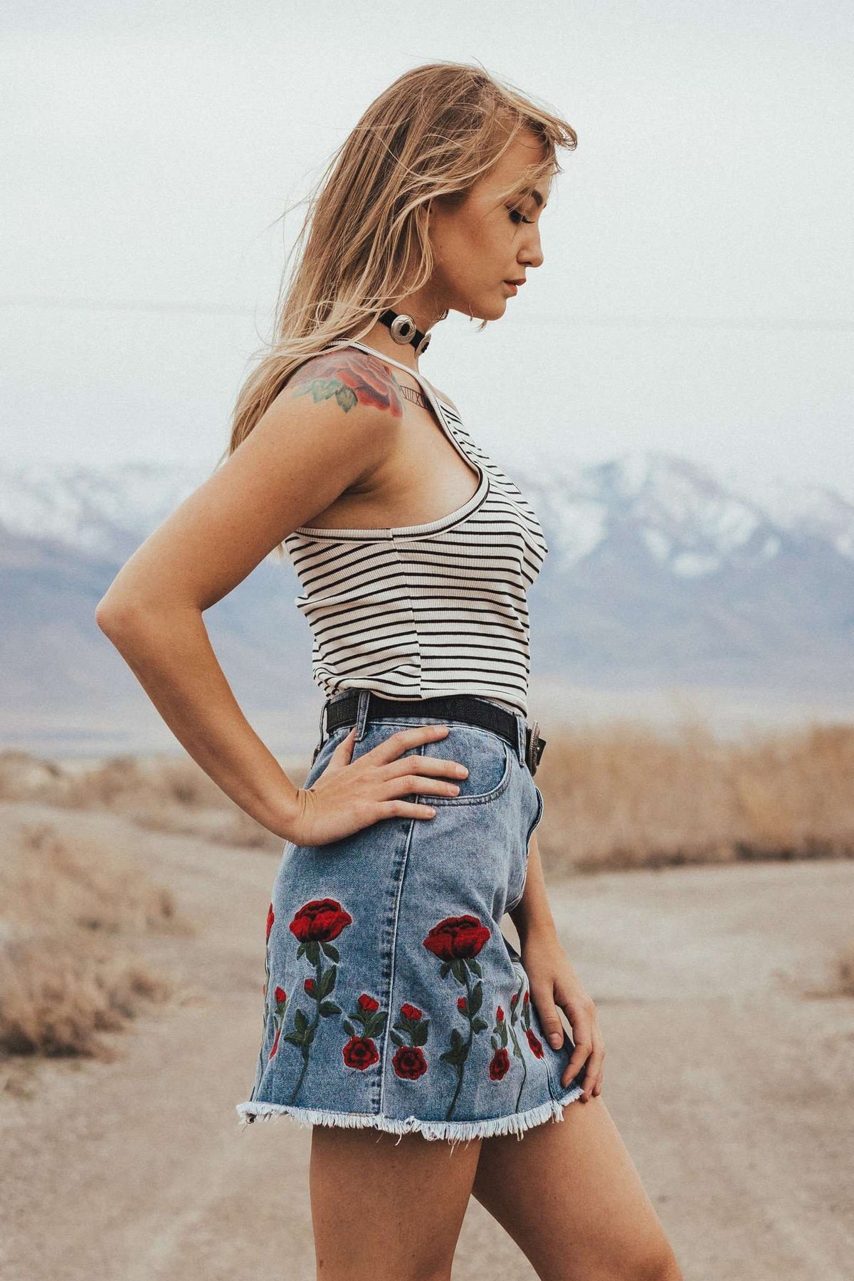 Rose Embroidered Denim Mini,Women - Apparel - Skirts - Mini